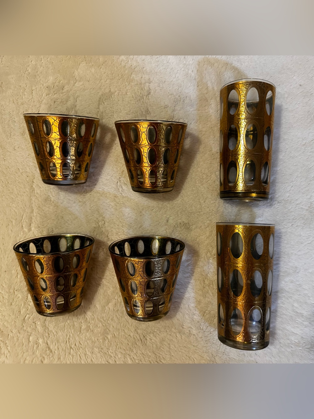 Vintage 1960s Culver Pisa 22K Gold Crackle Barware Glasses MCM Set of 6